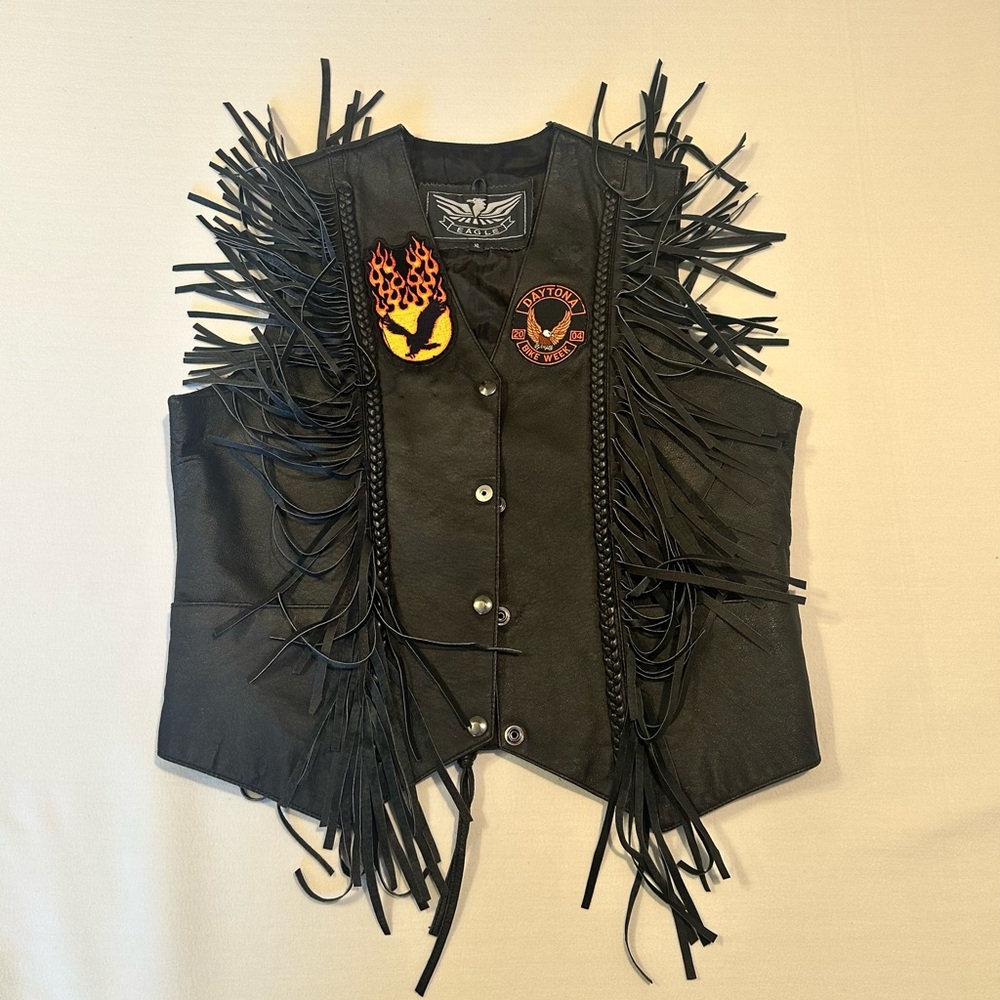 Women’s Black Fringe Leather Biker Vest with Patches